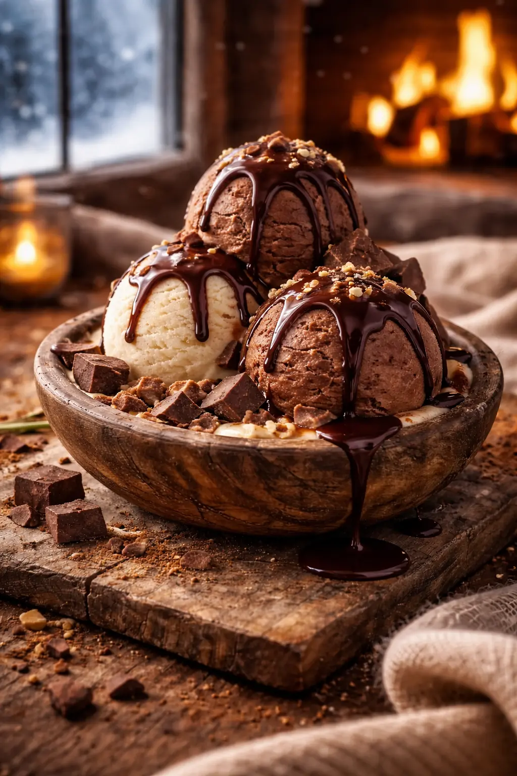Decadent chocolate ice cream on a cool winter day, deep flavour and smooth creamy texture for a premium experience